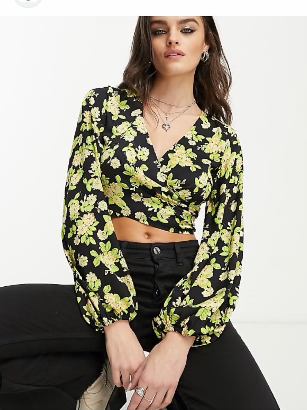 Mango Black short top with Green Floral Print